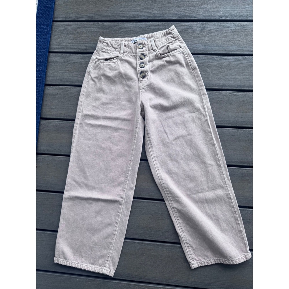 Zara High Waisted Wide Leg Jeans Tan Beige Button Fly Denim Pants Womens Size 4